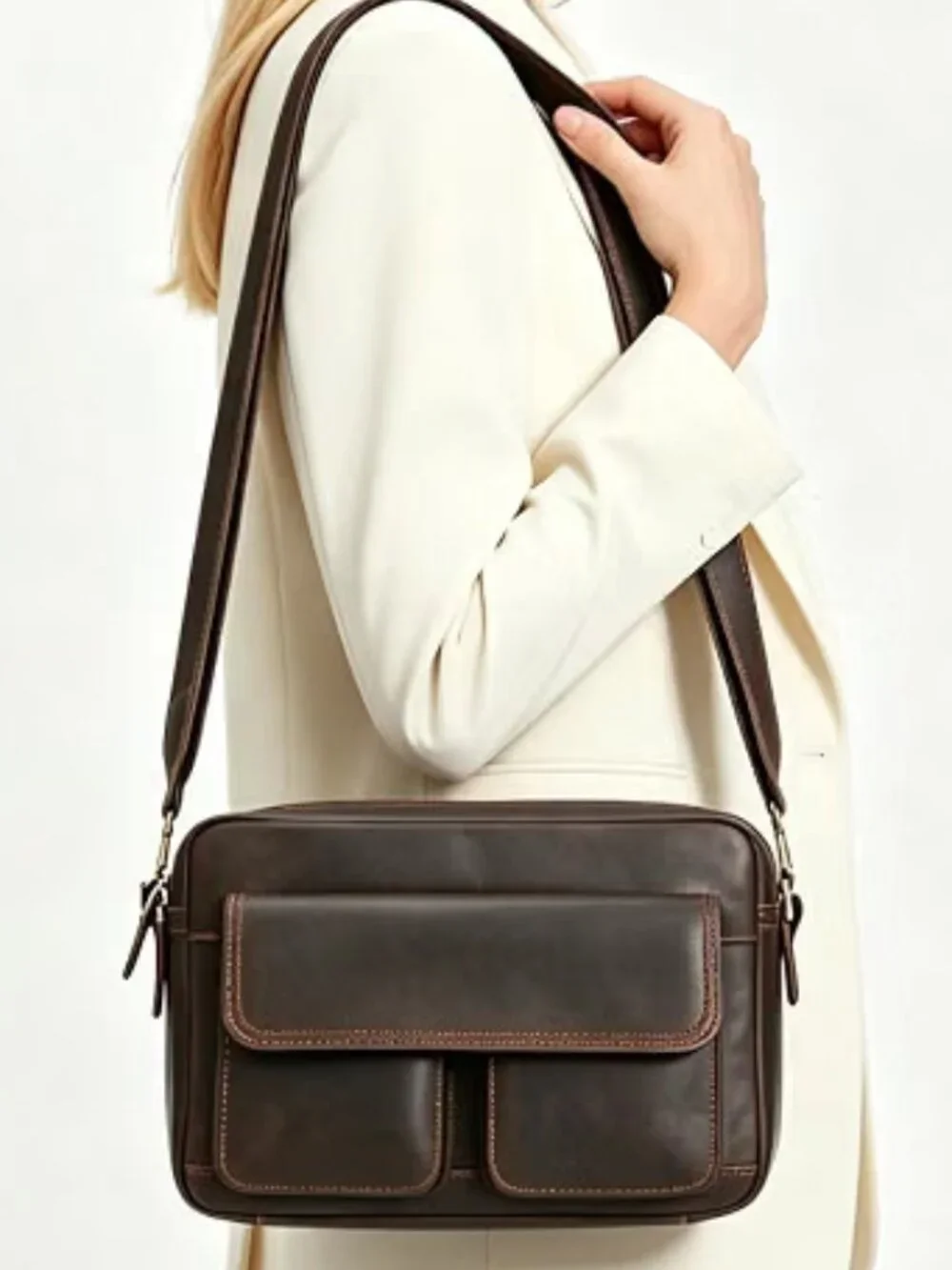 Men's Dark Brown Leather Messenger Bag W/ Multiple Zippered Pockets (NWOT)